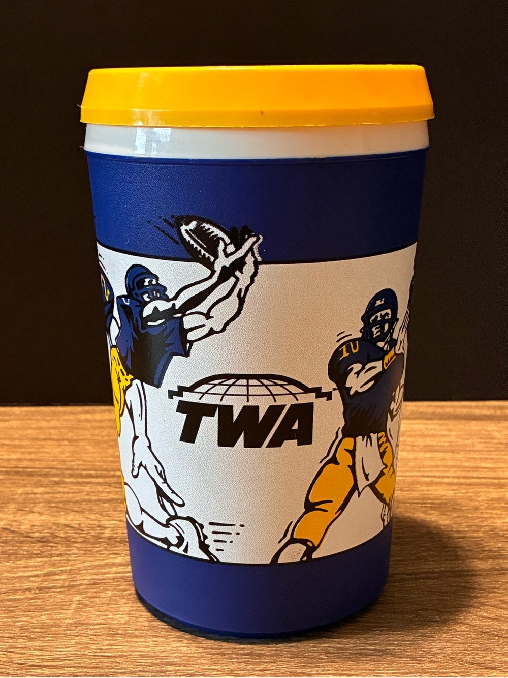 Vintage Aladdin Football TWA Airlines Blue Insulated Travel Mug With Yellow Lid